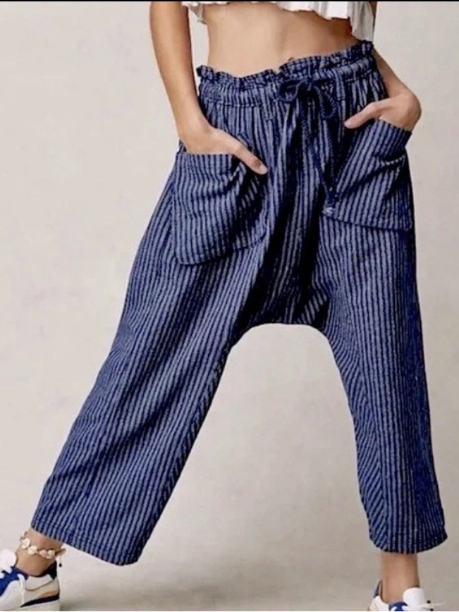 Free People Runyon Oversized Stripe Harem Drop Crotch Blue Cropped Pants